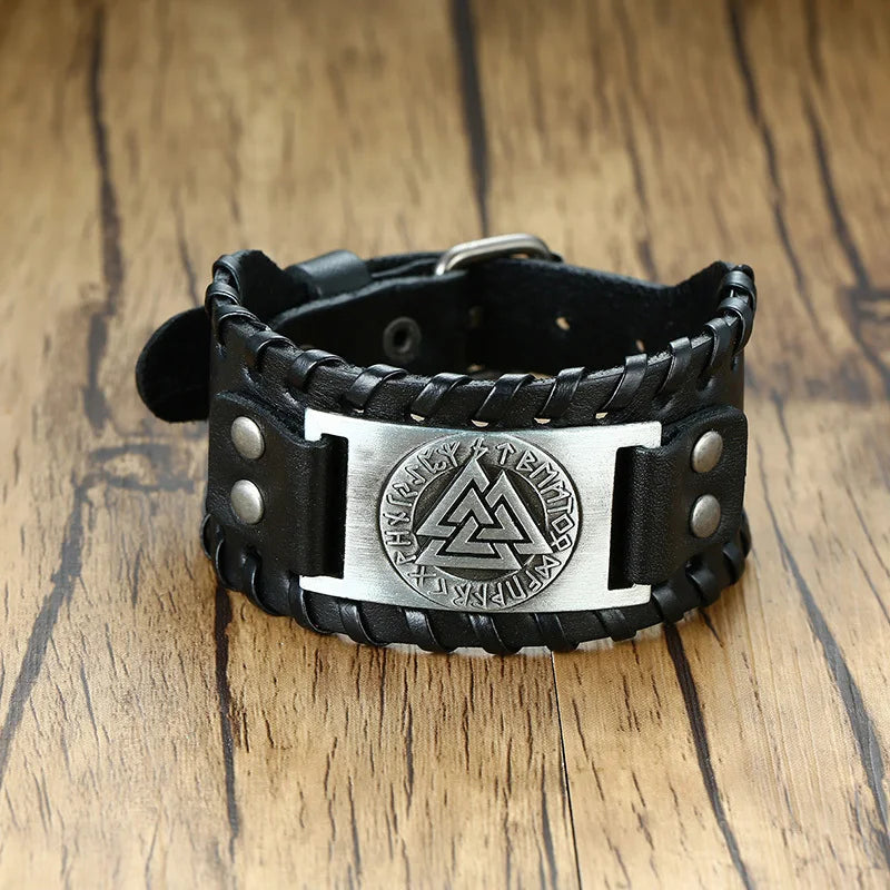 Vnox Men's Stylish Viking Leather Wrap Bracelets Rock Punk Compass Charm Male Wrist Jewelry Length Adjustable