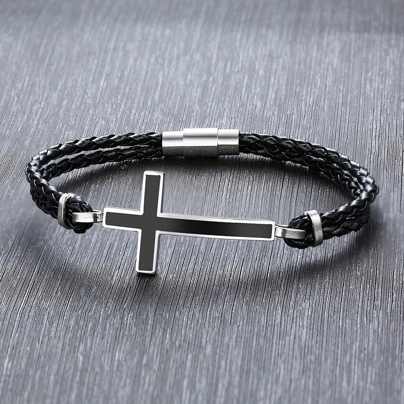 Men Gifts Casual Sideways Cross Charm Black Braided Leather Rope Women Bracelets male Bangles Prayer Gifts Jewelry free shipping