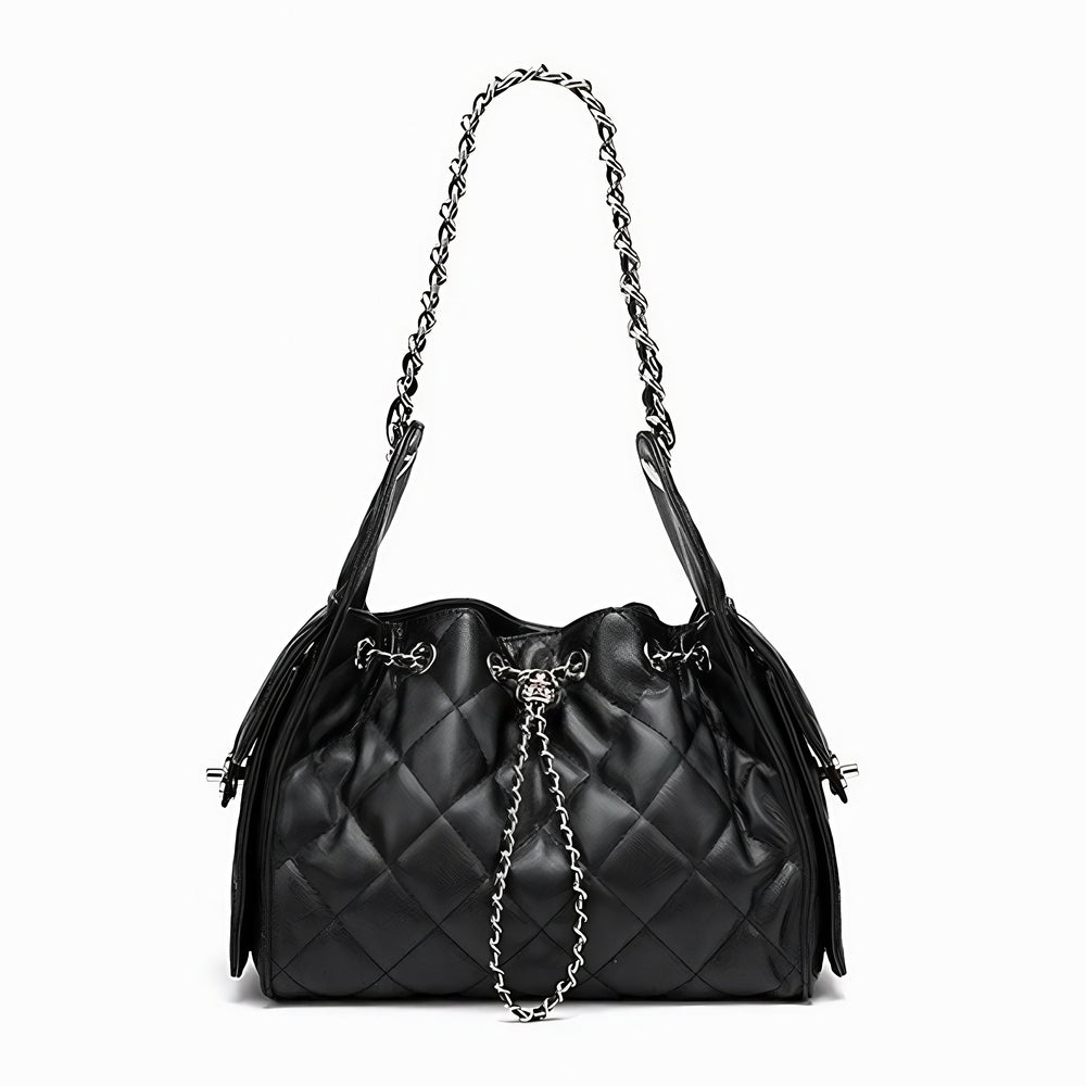 Genuine Leather Caviar Pattern Large Capacity Bucket Shoulder Bag