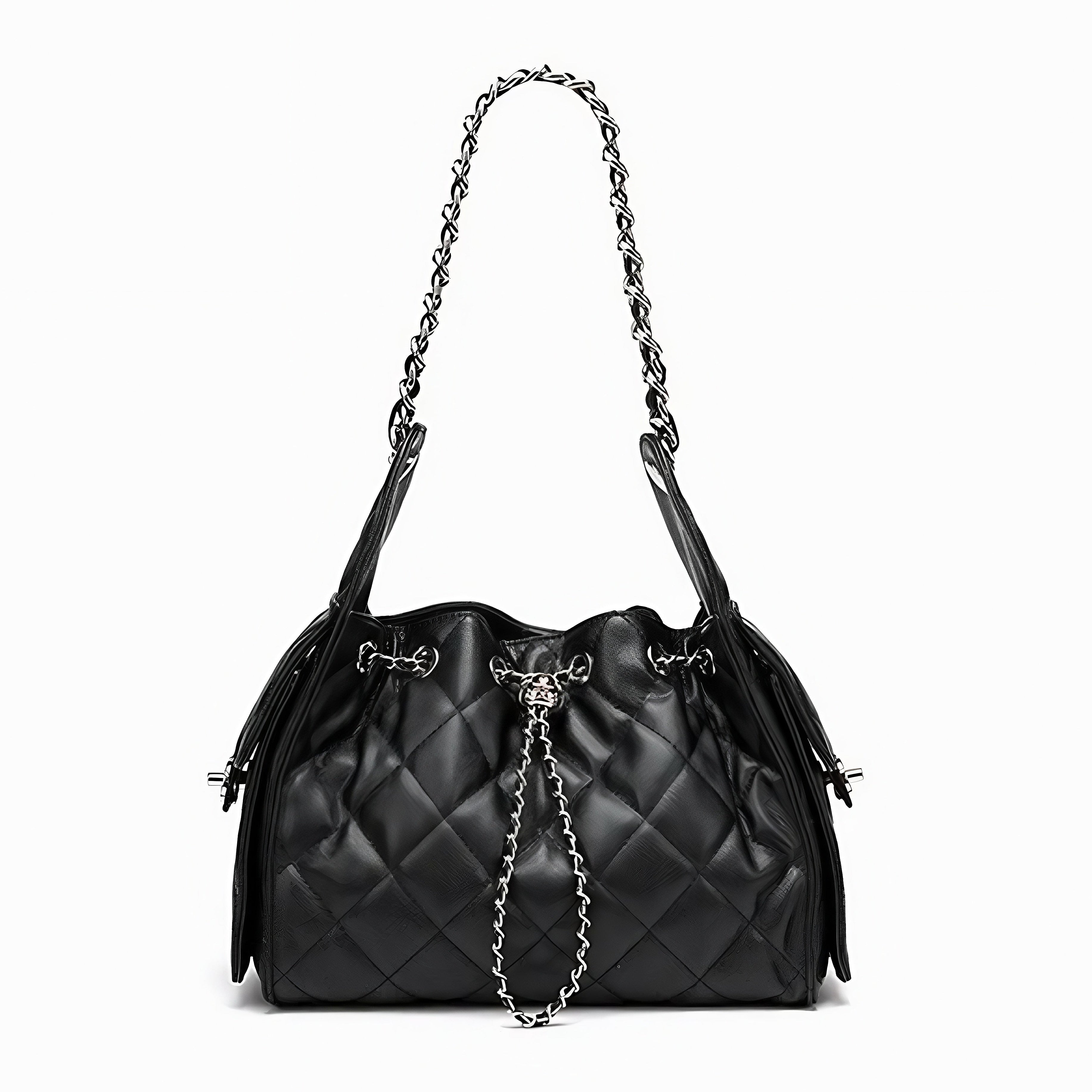 Genuine Leather Caviar Pattern Large Capacity Bucket Shoulder Bag