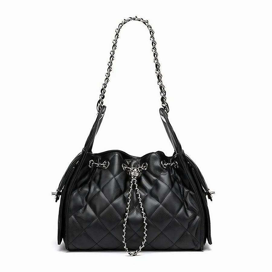 Genuine Leather Caviar Pattern Large Capacity Bucket Shoulder Bag