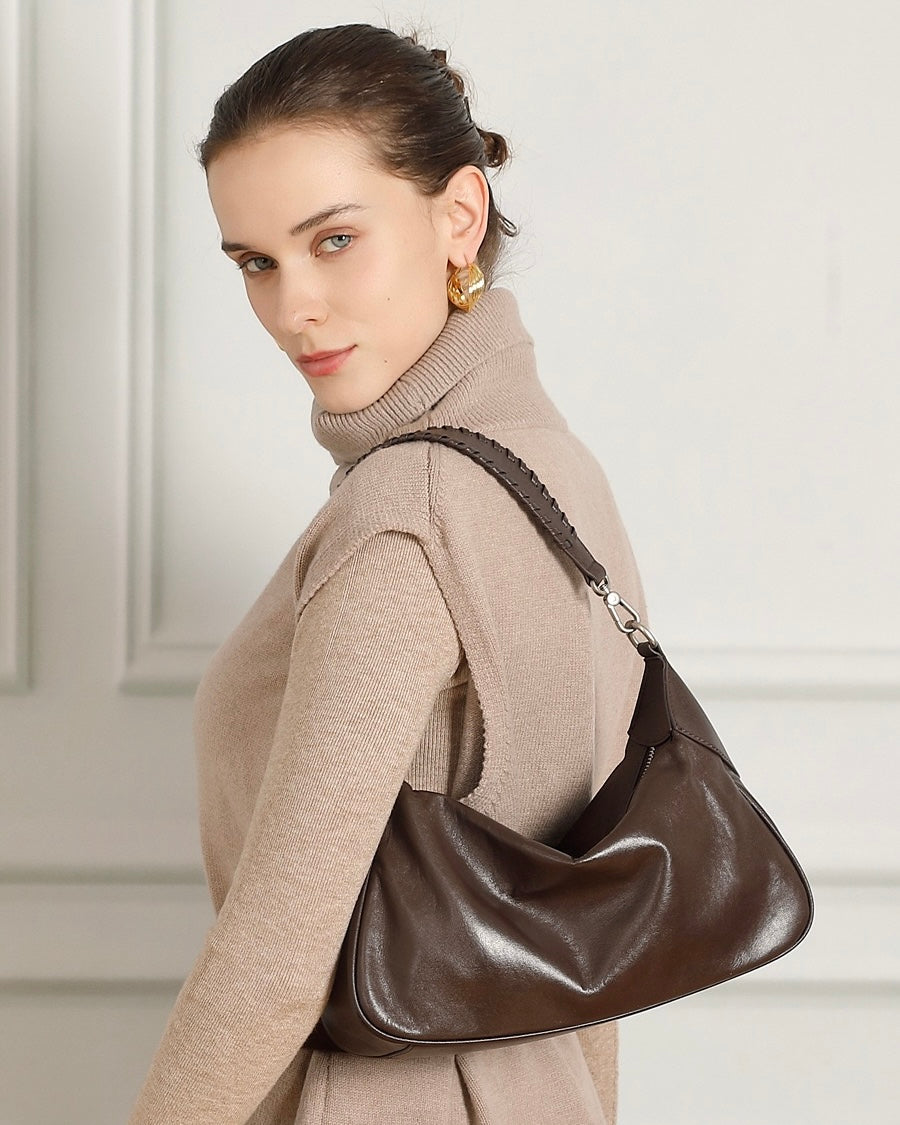 Braided-Handle Genuine Saddle Leather Hobo Bag