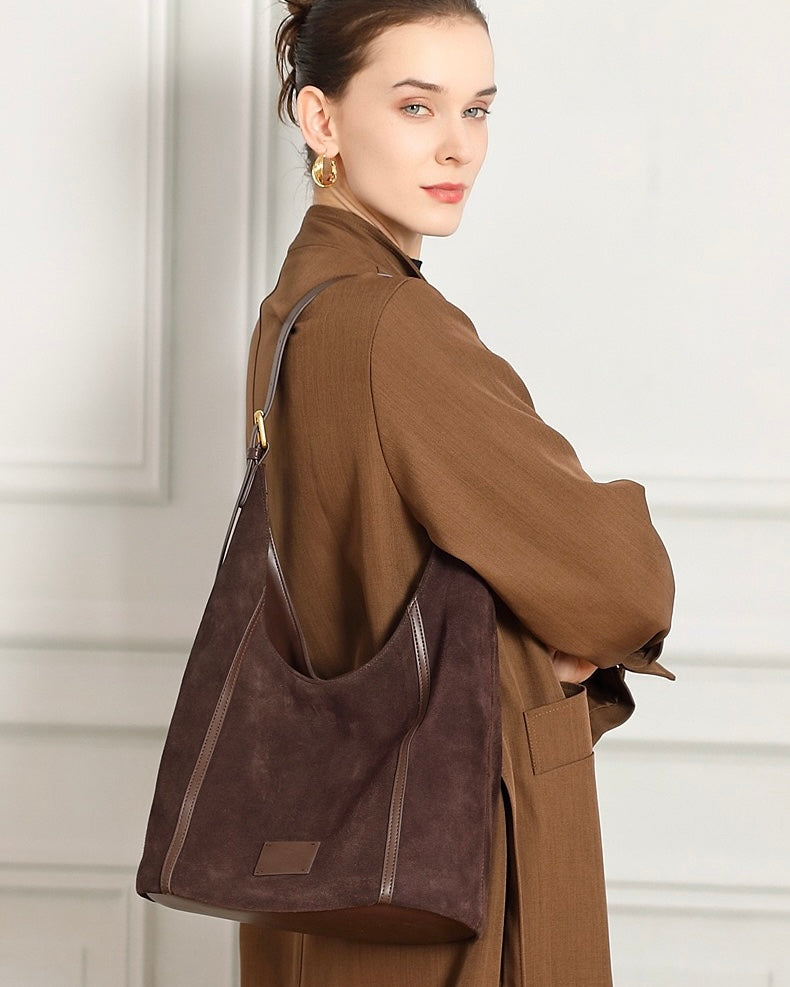Women's Suede Structured Hobo Bag with Contrast Stitching