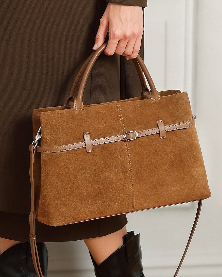 Retro Suede Structured Genuine Leather Tote Bag