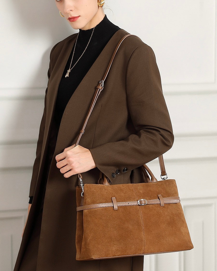 Retro Suede Structured Genuine Leather Tote Bag