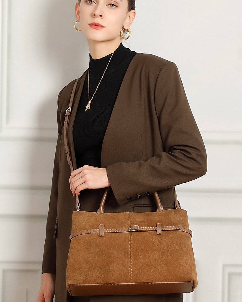 Retro Suede Structured Genuine Leather Tote Bag