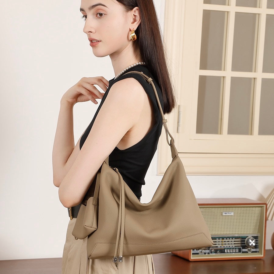 Minimalist Genuine Leather Large Capacity Commuter Tote Shoulder Bag