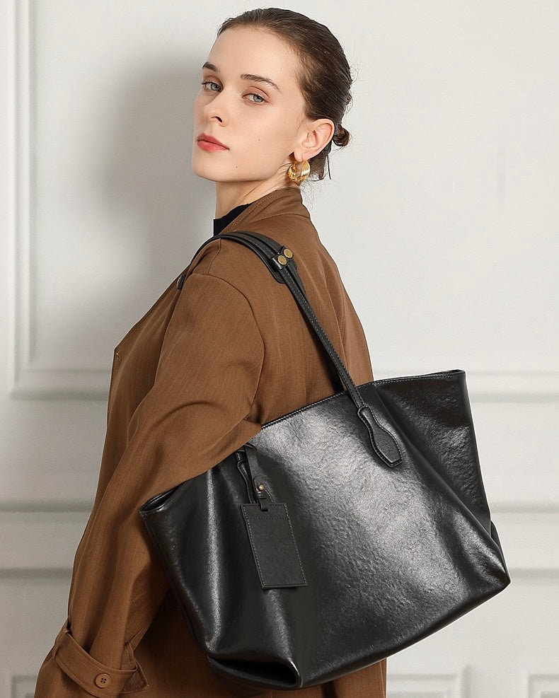 Large Vintage Leather Tote with Signature Luggage Tag