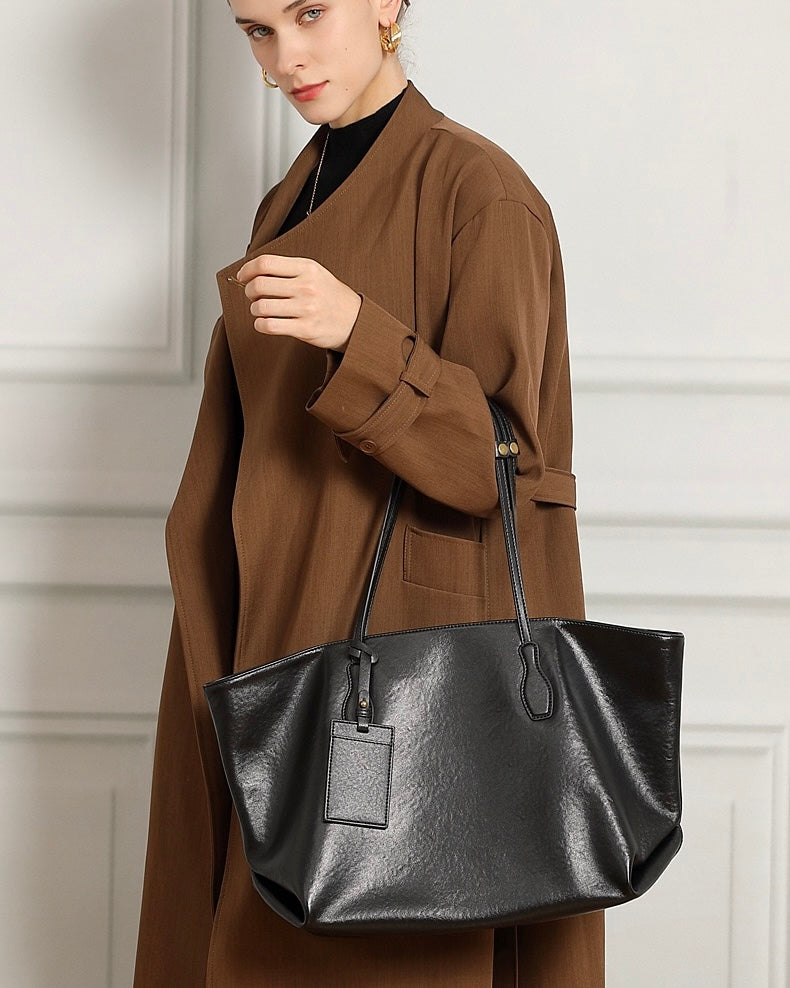 Large Vintage Leather Tote with Signature Luggage Tag