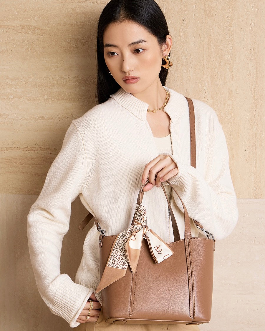 Women's Genuine Leather Handbag with Signature Ribbon Embellishment
