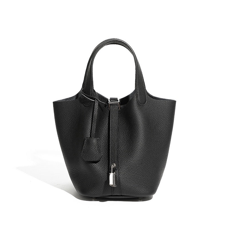 Women's Genuine Leather Silver Buckle Basket Bag