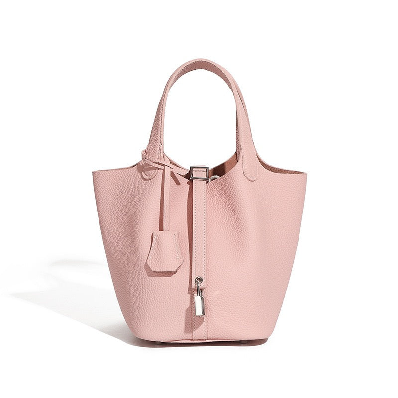 Women's Genuine Leather Silver Buckle Basket Bag
