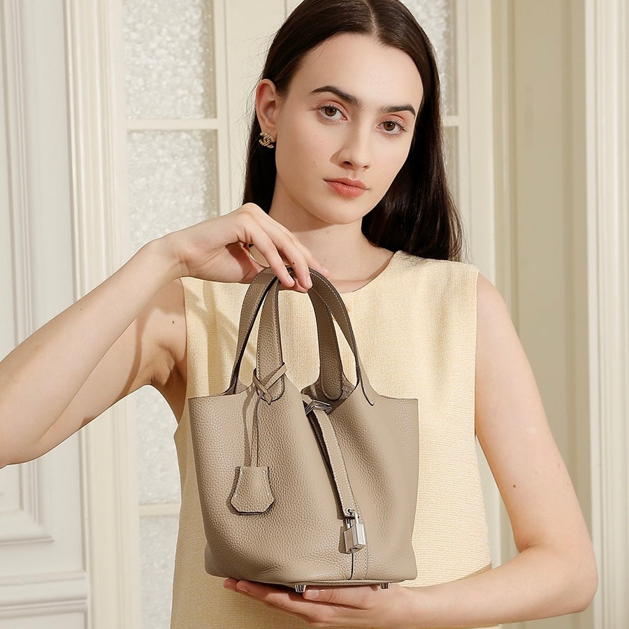 Women's Genuine Leather Silver Buckle Basket Bag