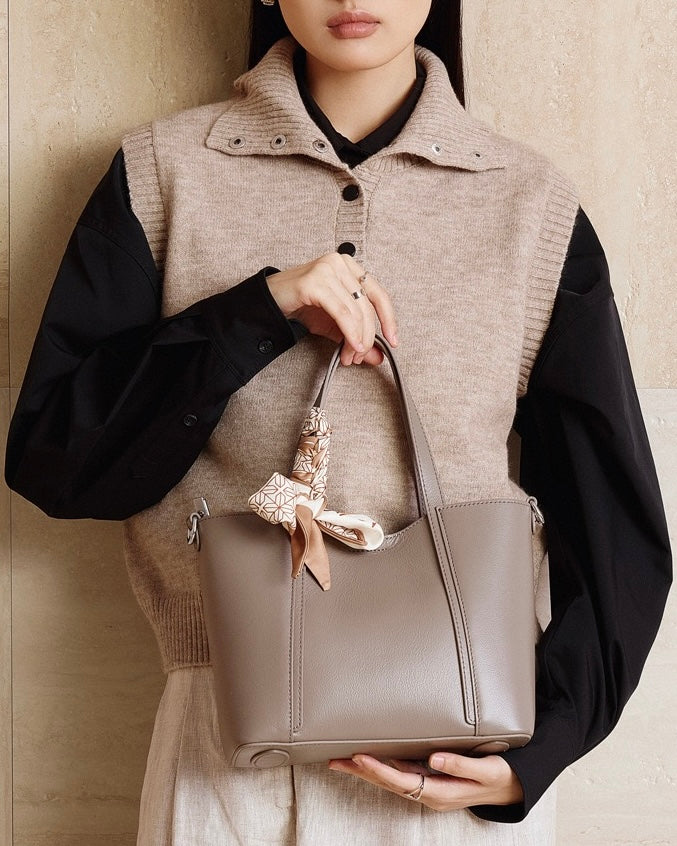 Women's Genuine Leather Handbag with Signature Ribbon Embellishment