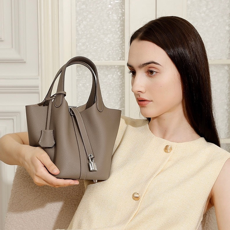 Women's Genuine Leather Silver Buckle Basket Bag