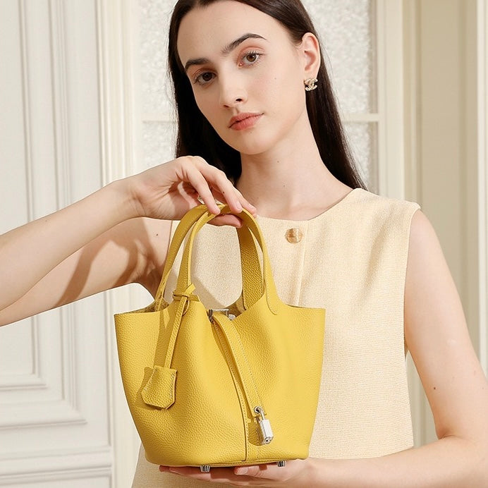 Women's Genuine Leather Silver Buckle Basket Bag