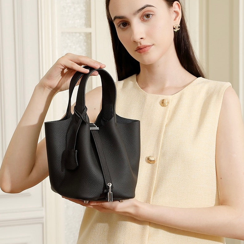 Women's Genuine Leather Silver Buckle Basket Bag