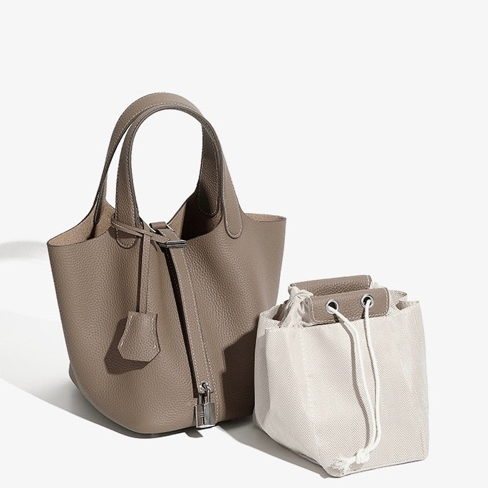 Women's Genuine Leather Silver Buckle Basket Bag