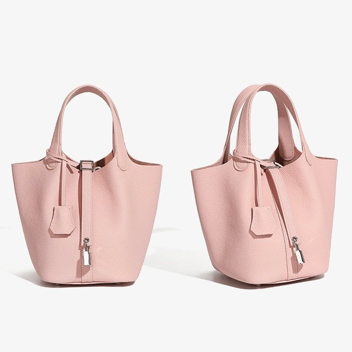 Women's Genuine Leather Silver Buckle Basket Bag