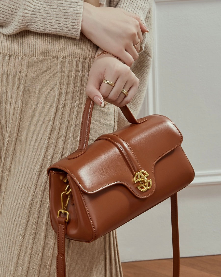 Women's Genuine Leather Top-Handle Bag with Signature Gilded Lock Closure