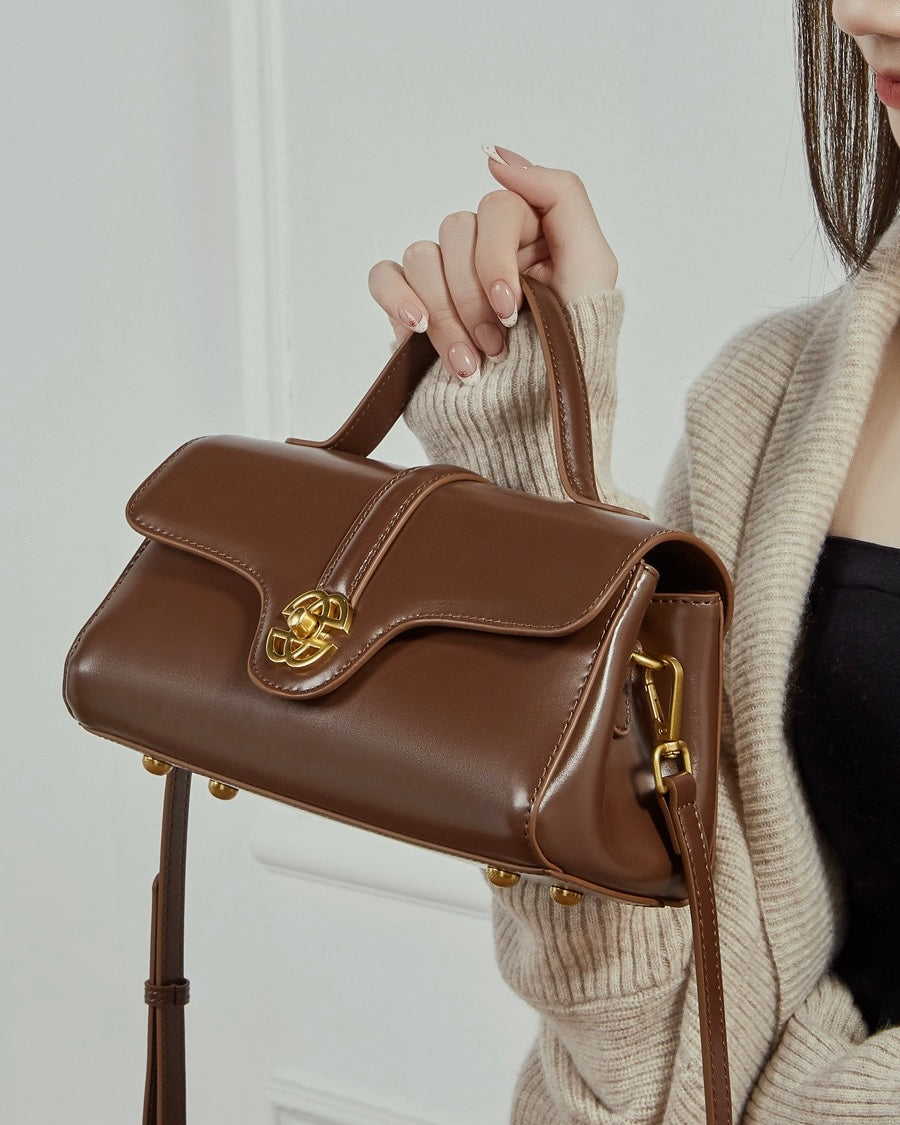 Women's Genuine Leather Top-Handle Bag with Signature Gilded Lock Closure