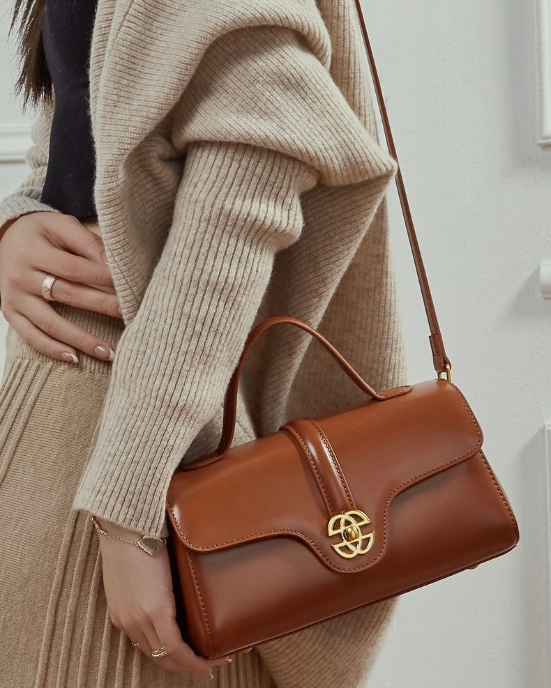 Women's Genuine Leather Top-Handle Bag with Signature Gilded Lock Closure