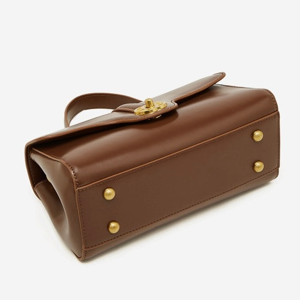 Women's Genuine Leather Top-Handle Bag with Signature Gilded Lock Closure