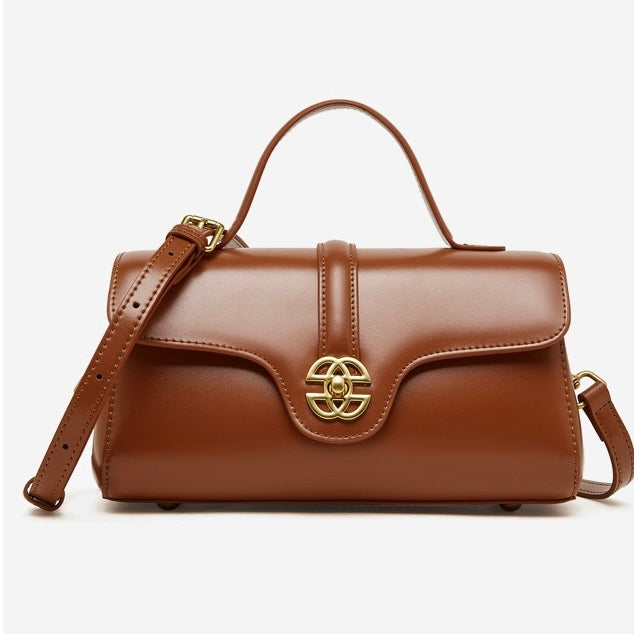 Women's Genuine Leather Top-Handle Bag with Signature Gilded Lock Closure