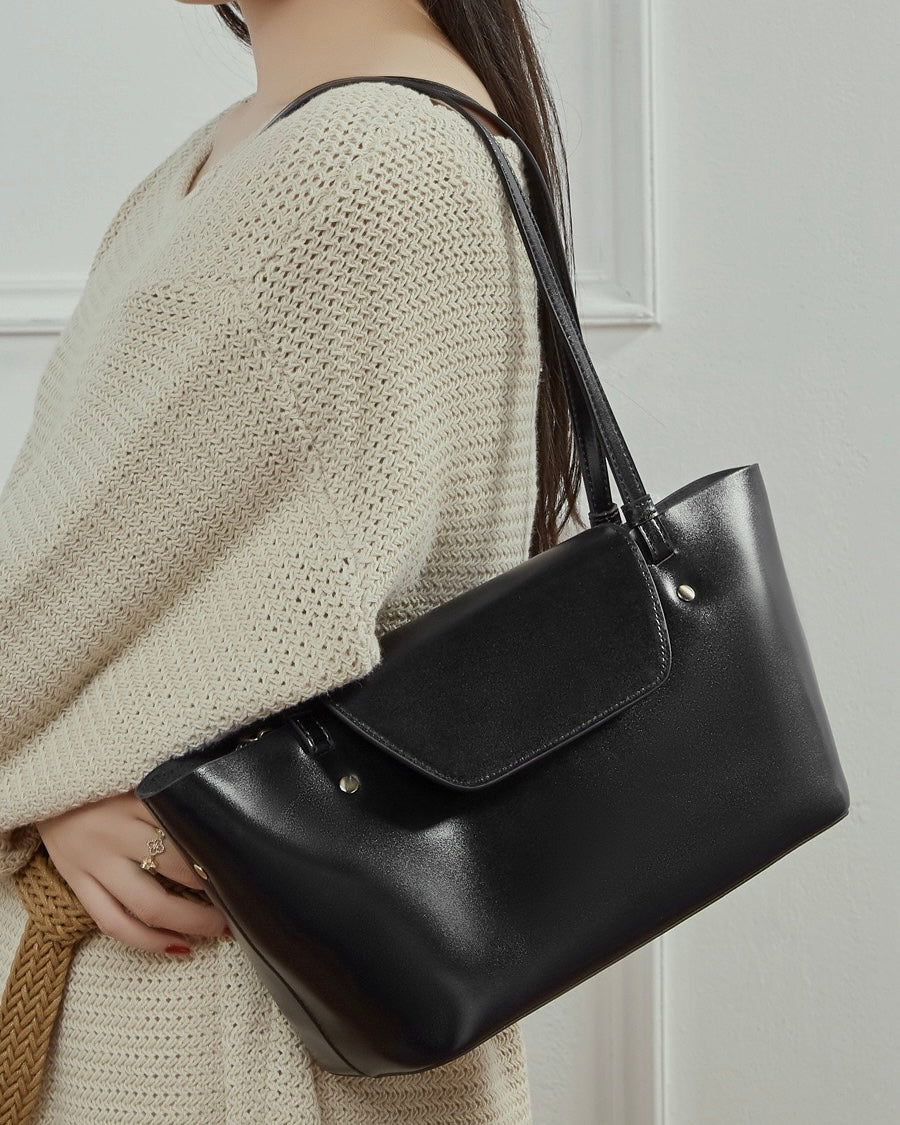 Women's Genuine Leather Flap Tote with Convertible Straps