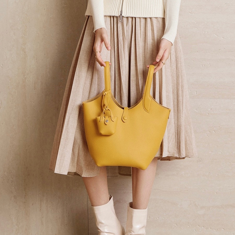 Women's Elegant Pebbled Leather Bucket Bag with Mini Pouch
