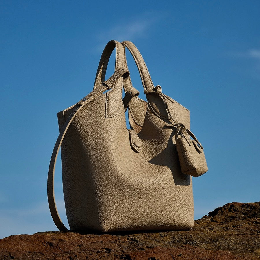 Women's Elegant Pebbled Leather Bucket Bag with Mini Pouch