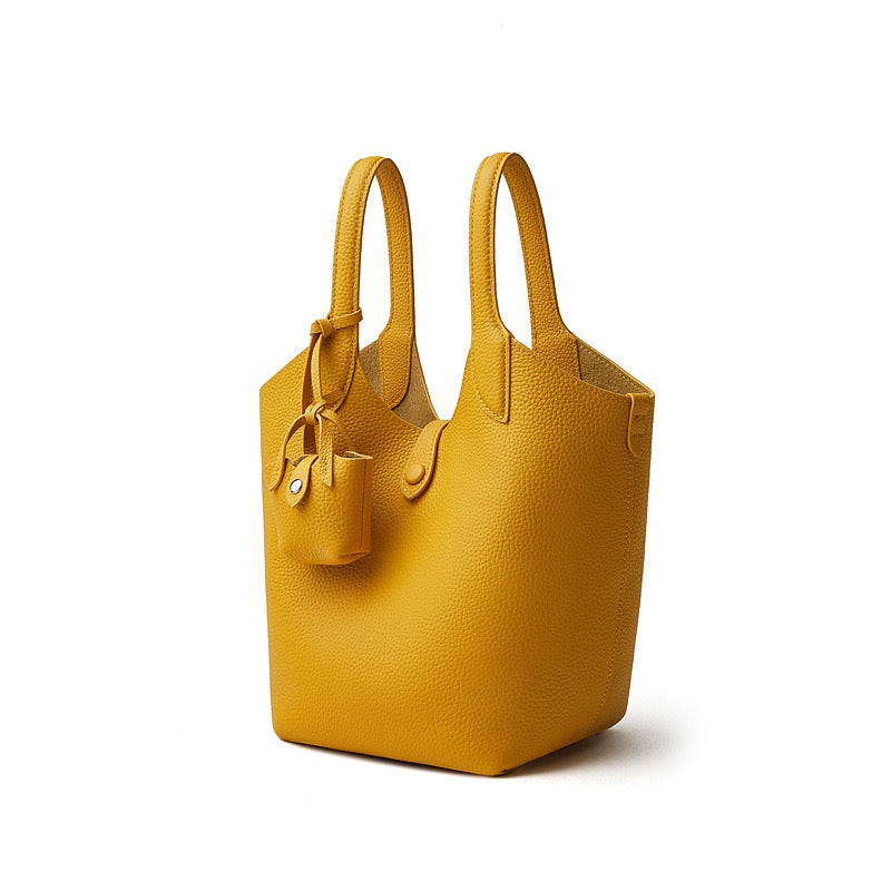 Women's Elegant Pebbled Leather Bucket Bag with Mini Pouch