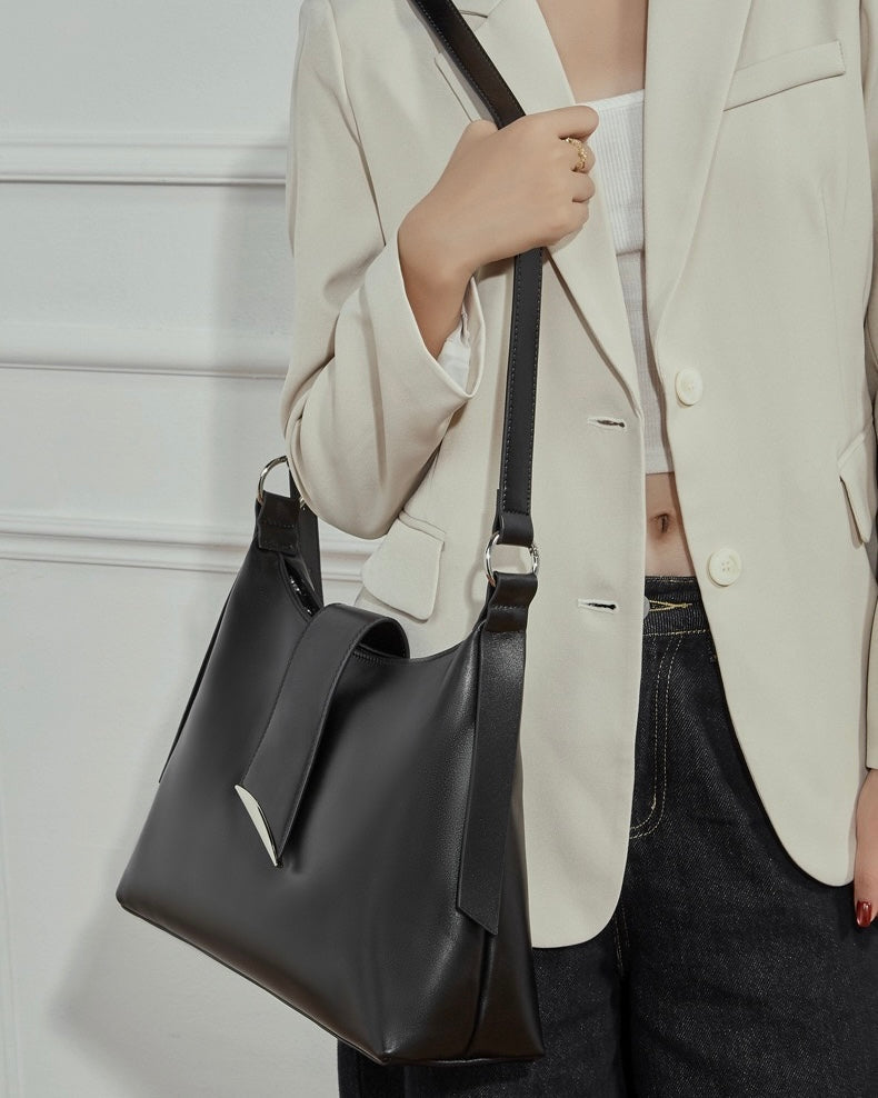 Smooth Leather Hobo Bag with Architectural Hardware & Adjustable Strap