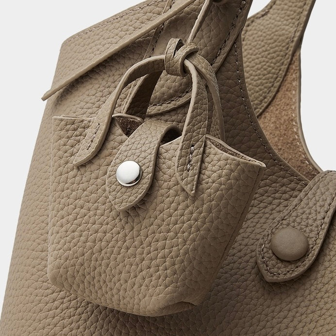 Women's Elegant Pebbled Leather Bucket Bag with Mini Pouch