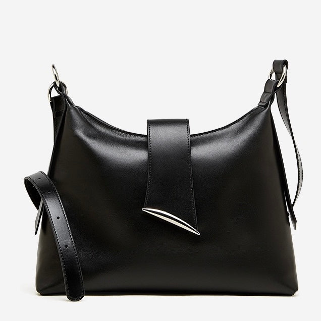 Smooth Leather Hobo Bag with Architectural Hardware & Adjustable Strap