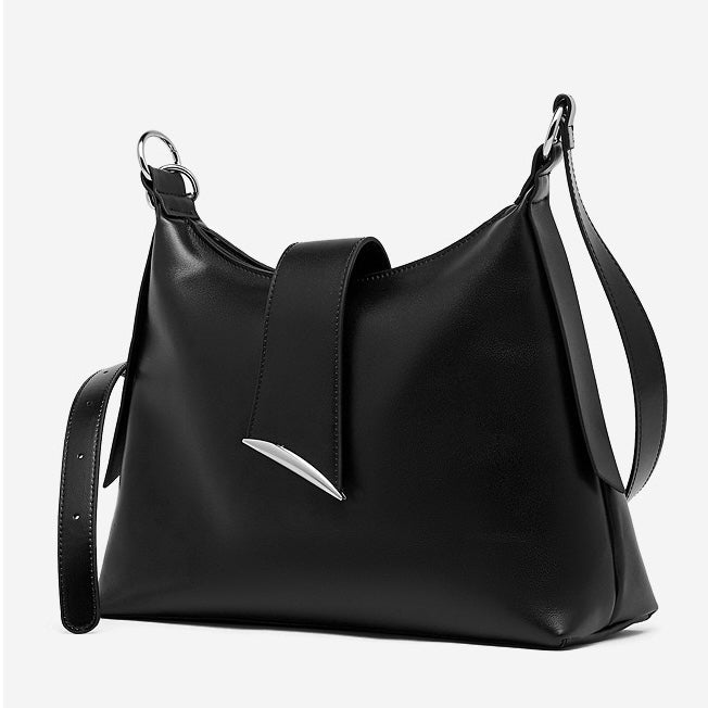 Smooth Leather Hobo Bag with Architectural Hardware & Adjustable Strap