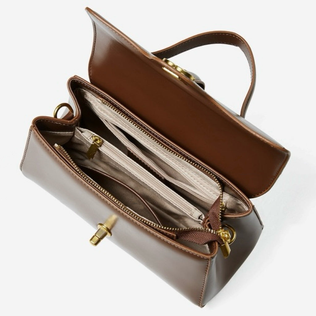 Women's Genuine Leather Top-Handle Bag with Signature Gilded Lock Closure