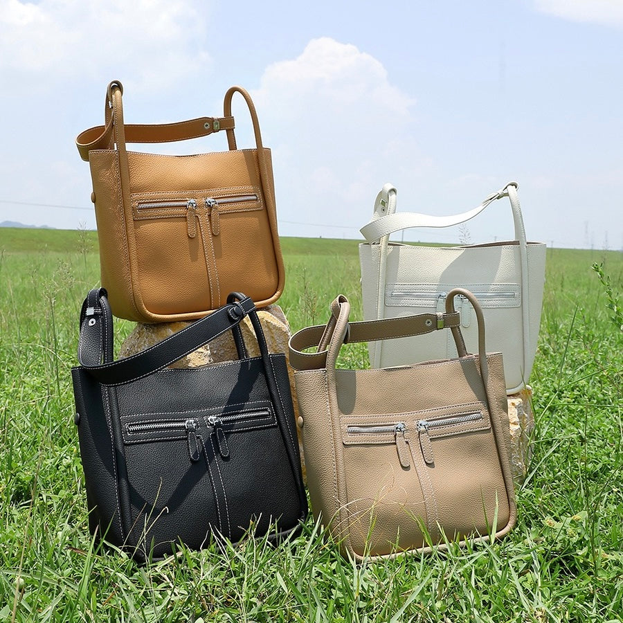 Women's Top Grain Leather Niche Luxury Bag – Dual-Zip Design with Removable Liner
