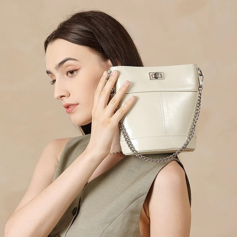 Women's Luxury Waxed Top Grain Leather Bucket Bag