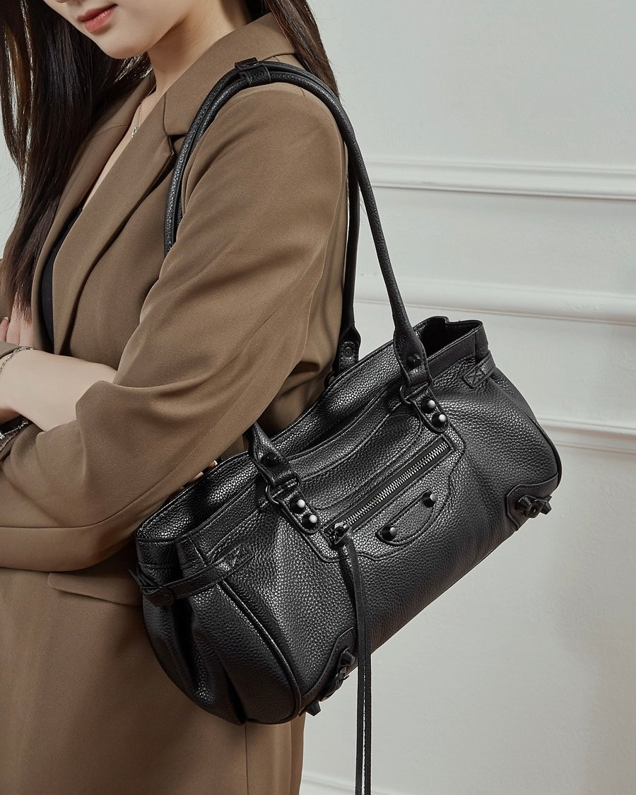 Women's Pebbled Leather Shoulder Bag with Slouchy Silhouette