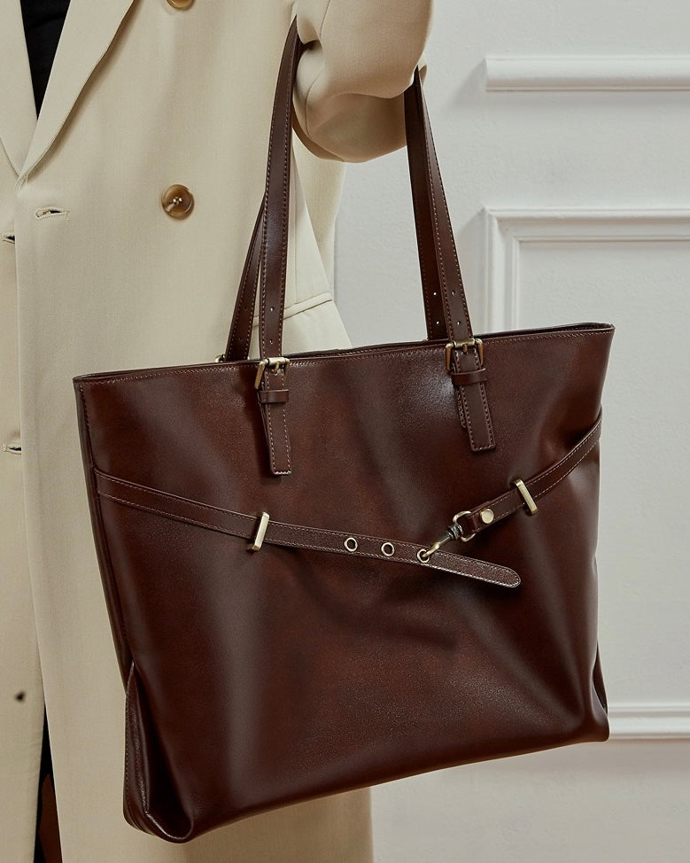 Genuine Leather Casual Tote – Large Capacity with Signature Lock Closure