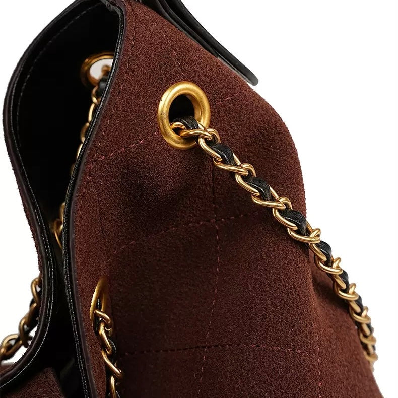 Suede Genuine Leather Color Block Chain Bucket Bag