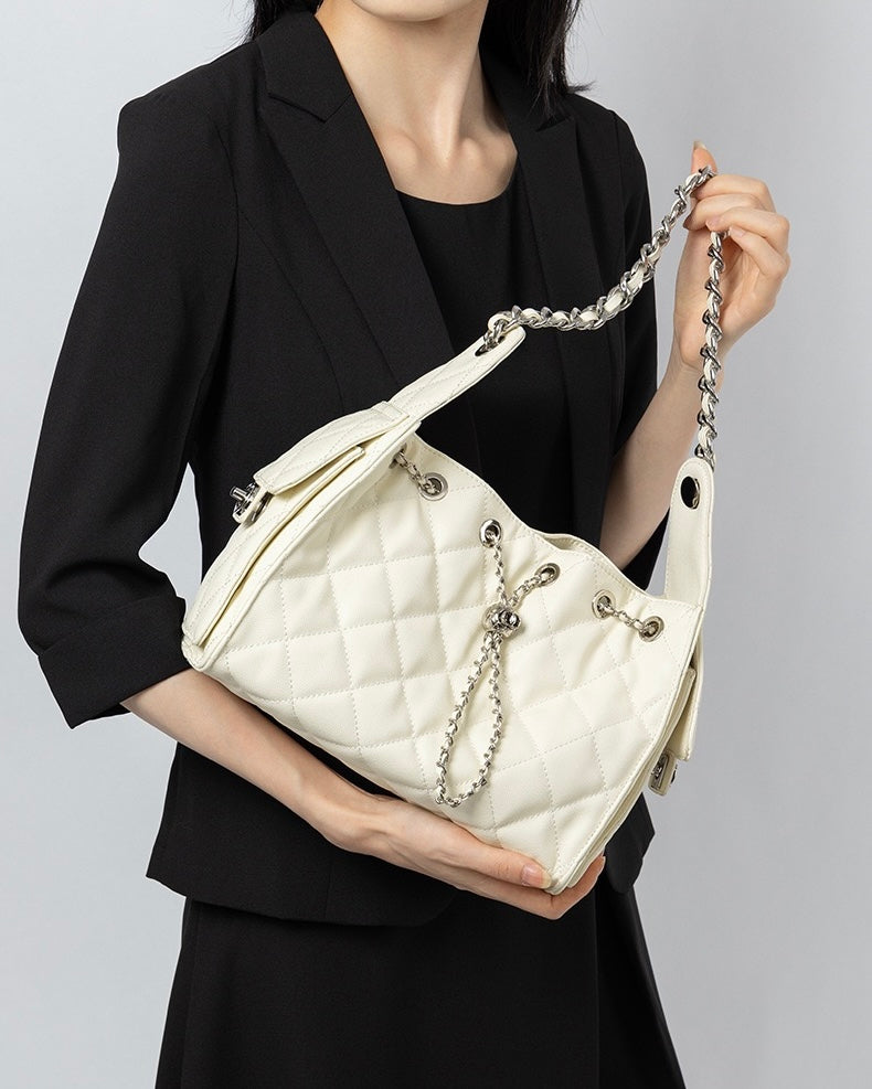 Genuine Leather Caviar Pattern Large Capacity Bucket Shoulder Bag