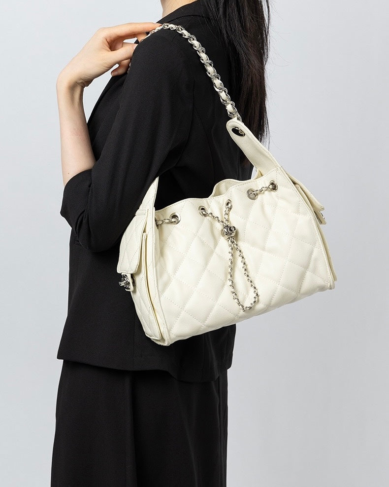 Genuine Leather Caviar Pattern Large Capacity Bucket Shoulder Bag