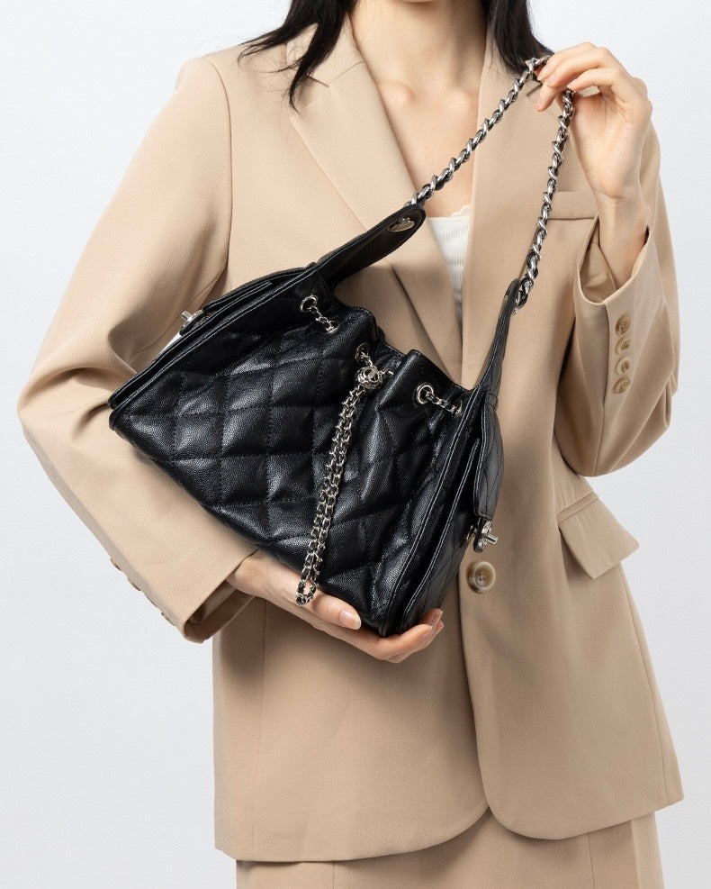 Genuine Leather Caviar Pattern Large Capacity Bucket Shoulder Bag