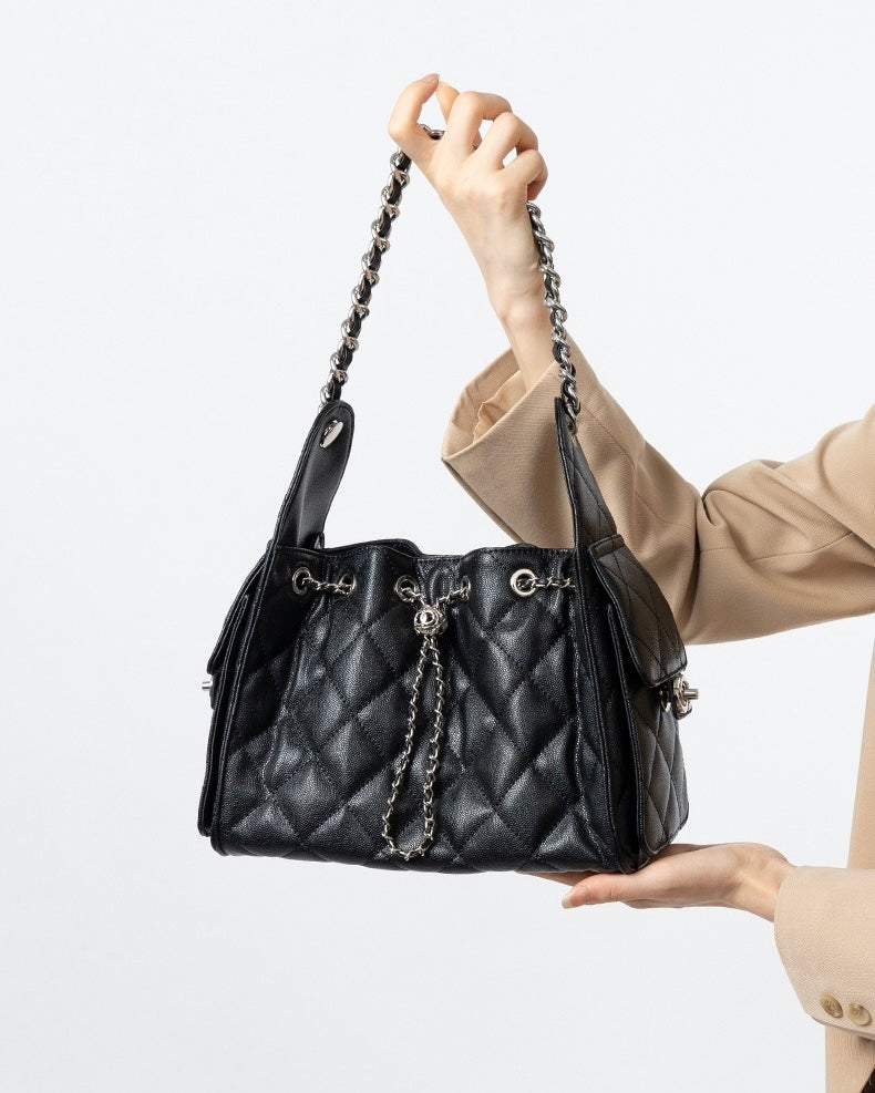 Genuine Leather Caviar Pattern Large Capacity Bucket Shoulder Bag