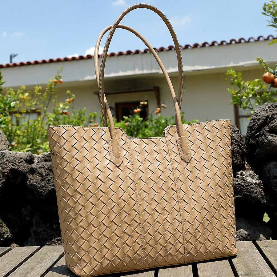 Women's Genuine Leather Large Capacity Woven Tote Bag