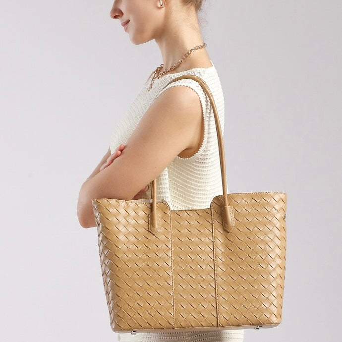 Women's Genuine Leather Large Capacity Woven Tote Bag
