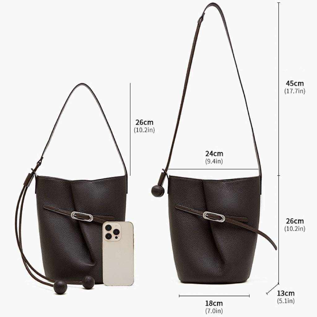 Women's Pebbled Leather Bucket Bag with Knot & Sphere Detail