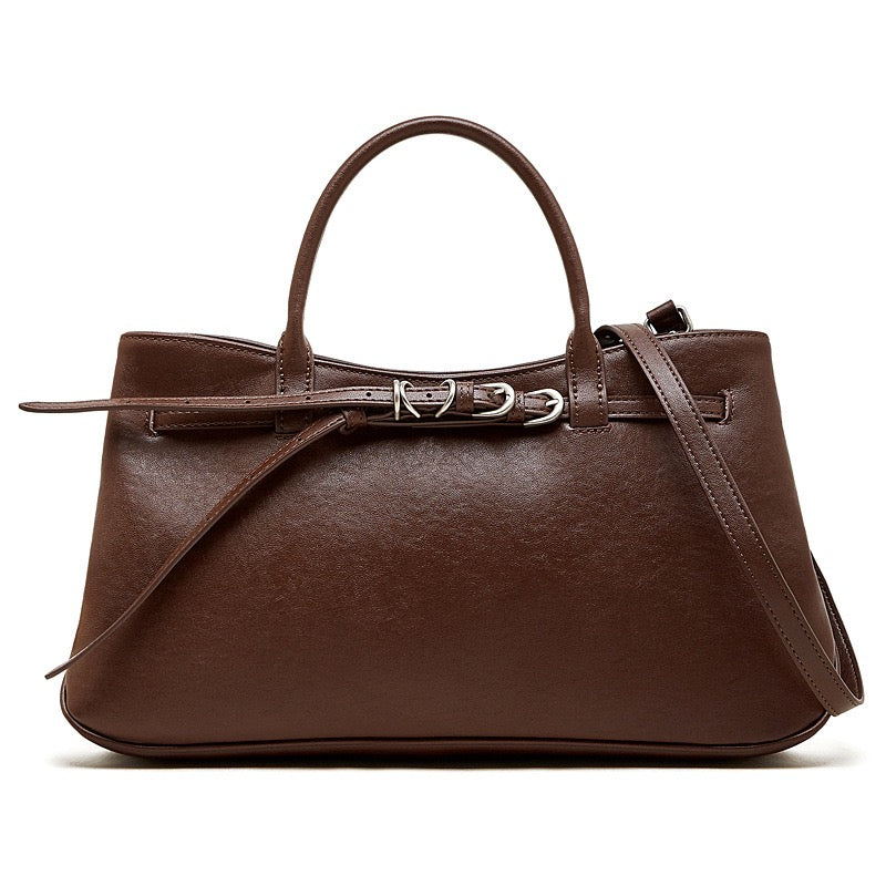 Retro Genuine Leather Crossbody Bag with Signature Ring-Buckle Strap